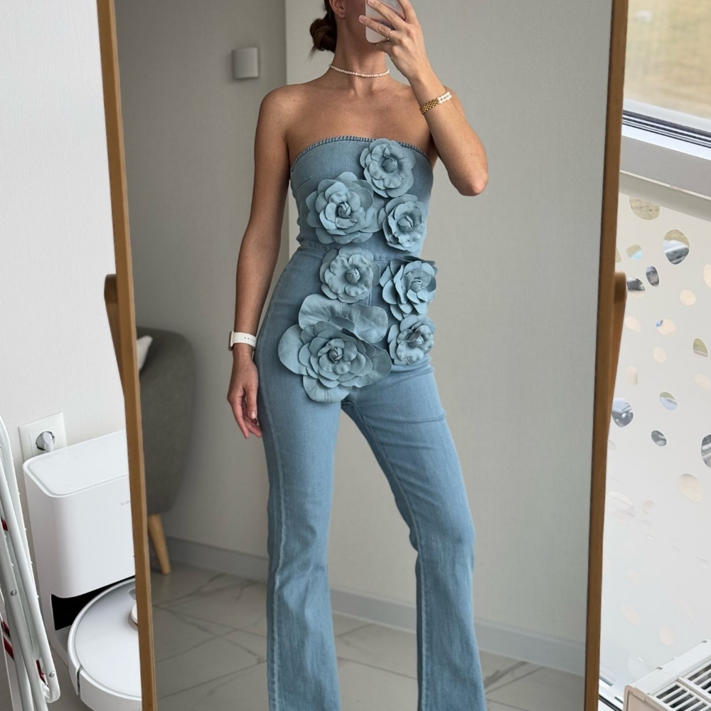 Denim Long Jumpsuits Zipper 3D Floral Chic Design Rompers - Picture 1 of 8